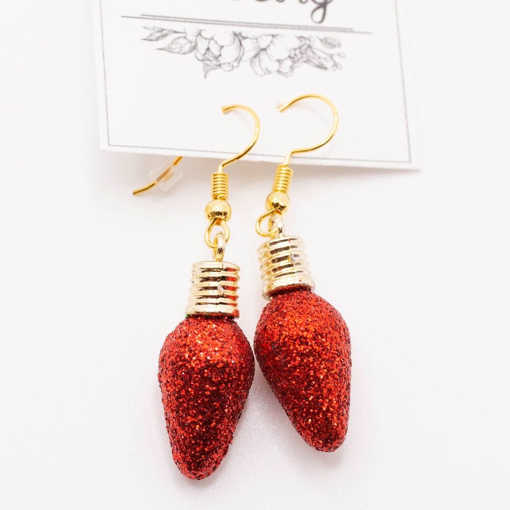Handmade Jewelry Holiday Medium Red Glitter Christmas Bulb Earrings, New